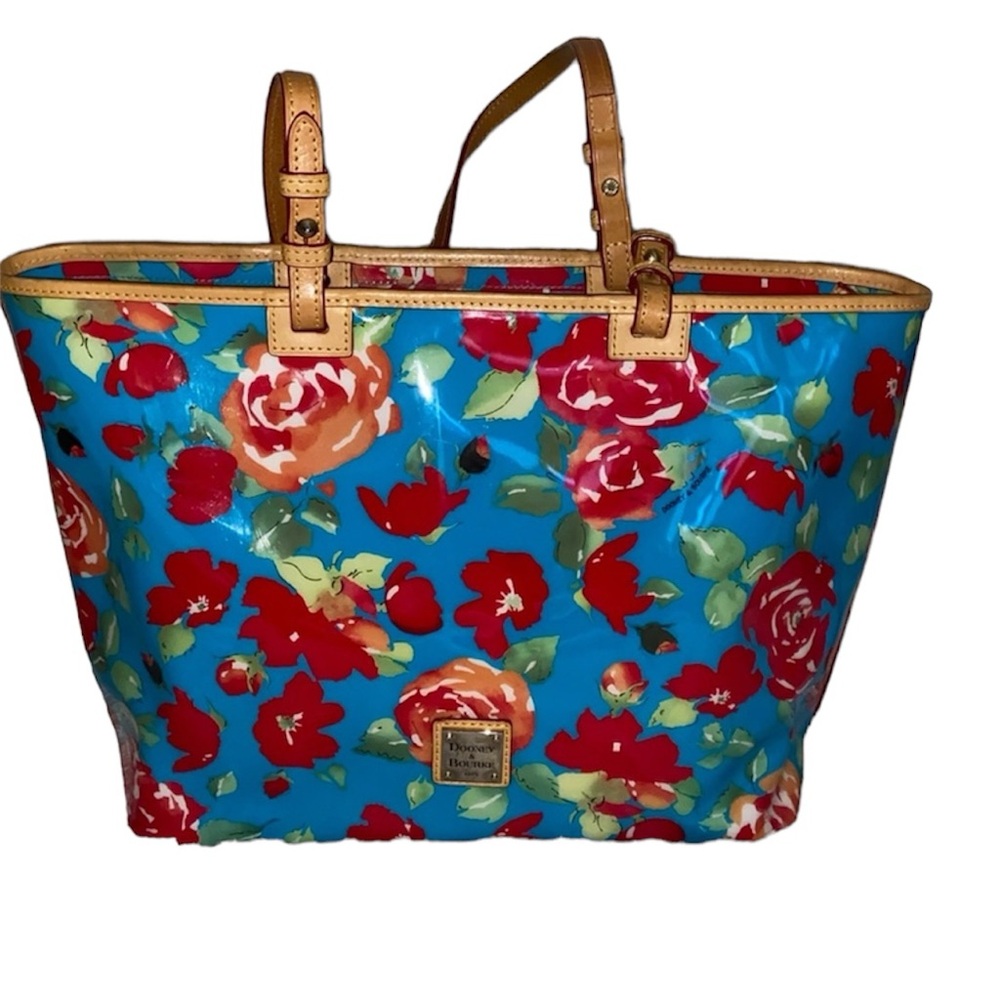 Dooney & Bourke PVC Blue, Red, Orange & Green Large Floral Garden Tote.